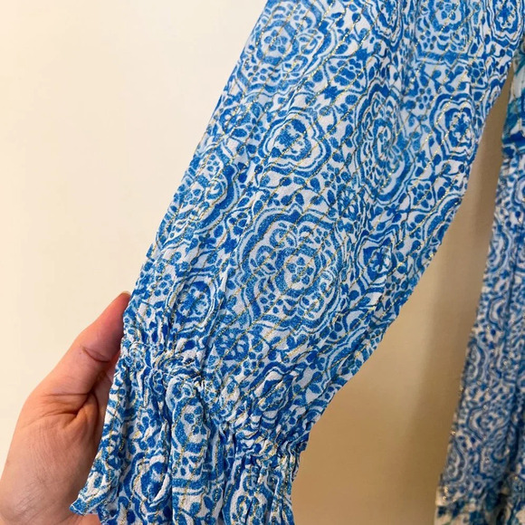 Hemant & Nandita Blue Metallic Striped Floral Tassle Bohemian Mini Dress Medium - Picture 4 of 11